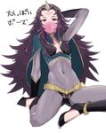  anklet bodystocking breasts cape covered_mouth covered_navel facial_mark fire_emblem fire_emblem_if forehead_mark full_body highres horned_headwear jewelry kneeling long_hair messy_hair nyx_(fire_emblem_if) purple_hair red_eyes see-through simple_background small_breasts solo tetsu_(kimuchi) tiara translated veil 