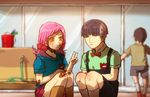  1girl bandaid bandaid_on_knee black_hair blurry bow bowtie bruise bucket child depth_of_field grey_hair grin hair_bobbles hair_ornament higashikata_joushuu hirose_yasuho hose injury jojo_no_kimyou_na_bouken jojolion multicolored_hair nanmai_da orange_eyes overalls pink_hair sitting skirt smile two-tone_hair v yellow_eyes younger 