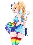  :o arms_at_sides ass ayase_eli bad_id bad_pixiv_id belt blonde_hair blue_eyes blue_gloves blush breasts buckle commentary_request crop_top frilled_hat frilled_legwear frills from_behind gloves hat highres kaya_(trumpkin00) legs_together looking_back love_live! love_live!_school_idol_project medium_breasts microskirt midriff multicolored multicolored_clothes multicolored_legwear open_mouth panties pantyshot pantyshot_(standing) pencil_skirt pointy_nose ponytail purple_panties scrunchie shirt simple_background skirt sleeveless sleeveless_shirt solo standing thigh_gap thighhighs underwear white_background 