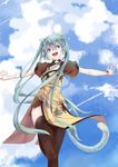  animal_ears blue_eyes bracelet cat_ears cat_tail cloud day final_fantasy final_fantasy_xiv green_hair hatsune_miku highres jewelry kemonomimi_mode long_hair miqo'te monk_(final_fantasy) open_mouth outstretched_arms sky solo spread_arms tail thighhighs twintails very_long_hair vocaloid 