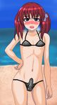  1boy beach bikini blue_eyes blush bulge collarbone erection erection_under_clothes hair_ornament looking_at_viewer male_focus navel ocean oekaki open_mouth red_hair sand solo standing swimsuit teeth tokara tongue trap twintails water 