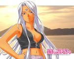  1girl aa_megami-sama big_breasts breasts cleavage dark_skin facial_mark female forehead_mark goddess large_breasts purple_eyes solo urd white_hair 