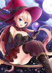  :d black_gloves blonde_hair blue_eyes blush bow breasts broom broom_riding brown_legwear capelet cloud elbow_gloves fingerless_gloves full_moon gloves harimoji hat hat_bow highres long_hair looking_at_viewer low_twintails medium_breasts moon night night_sky open_mouth orb original panties pantyshot pantyshot_(sitting) sidesaddle sitting skirt sky smile solo sparkle thighhighs twintails underwear very_long_hair witch_hat 