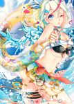  aqua_hair bikini blonde_hair blue_eyes flower gradient_hair highres innertube long_hair multicolored_hair ocean one_eye_closed original smile solo swimsuit togashi_(choco-bakama_kitchen) water 