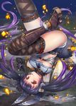  bare_hips breasts doyouwantto headgear large_breasts long_hair original purple_hair red_eyes solo thighhighs twintails underboob upside-down whistle 
