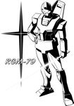  energy_sword gm_(mobile_suit) gundam hand_on_hip mecha mobile_suit_gundam monochrome nippori_honsha shield sword weapon 