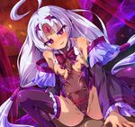  breasts detached_sleeves facial_mark forehead_jewel forehead_mark heart heart-shaped_pupils long_hair nail_polish navel pubic_tattoo red_eyes revealing_clothes ribbon see-through small_breasts solo symbol-shaped_pupils tattoo thighhighs tiara tight toraishi_666 under_night_in-birth vatista very_long_hair white_hair 