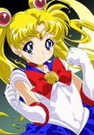  bishoujo_senshi_sailor_moon blonde_hair blue_eyes blue_sailor_collar choker clenched_hands earrings elbow_gloves forearms_at_chest gloves jewelry long_hair magical_girl oku_yukihide outstretched_wrists red_choker sailor_collar sailor_moon sailor_senshi_uniform smile solo tiara tsukino_usagi 