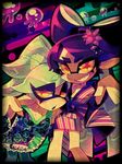  2girls :o aori_(splatoon) breasts cleavage clownfish domino_mask fish_hair_ornament floral_print grin hair_ornament hair_rings hotaru_(splatoon) japanese_clothes kimono long_hair mask medium_breasts mole mole_under_eye multiple_girls no_nose obi orange_eyes purple_hair sarashi sash sharp_teeth short_hair silver_hair smile splatoon_(series) splatoon_1 symbol-shaped_pupils teeth tentacle_hair 