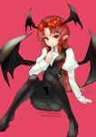  arm_support bat_wings black_legwear finger_to_mouth head_wings koakuma long_hair looking_at_viewer open_mouth pantyhose pointy_ears polpol red_background red_eyes red_hair sitting skirt slit_pupils solo touhou vest wings 