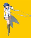  blue_hair blue_panties boots breasts brown_footwear closed_eyes detached_sleeves genderswap genderswap_(mtf) grimay kaiko kaito knee_boots medium_breasts nail_polish panties scarf short_hair solo underwear vocaloid yellow_background 