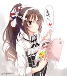  alternate_costume alternate_hairstyle apron artist_name ashigara_(kantai_collection) blush book brown_eyes brown_hair hair_ornament hair_ribbon hairband heart holding kantai_collection long_hair open_mouth ponytail ribbon smile solo sotogawa_max translation_request twitter_username upper_body wavy_hair 