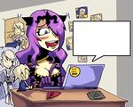  between_breasts blank_speech_bubble blush breasts camilla_(fire_emblem_if) character_doll cleavage computer dakimakura_(object) drooling exploitable fire_emblem fire_emblem_if hair_over_one_eye laptop long_hair male_my_unit_(fire_emblem_if) medium_breasts my_unit_(fire_emblem_if) pillow poster_(object) purple_eyes purple_hair setz solo speech_bubble strap_cleavage 