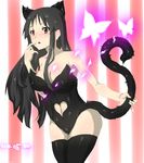  1girl akiyama_mio animal_ears breasts cleavage costume dated female heart_cutout k-on! nyuu_(manekin-eko) saliva solo striped_background 