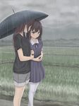  bad_id bad_pixiv_id banned_artist belt brown_eyes brown_hair commentary_request dress highres holding holding_umbrella interlocked_fingers minagiku multiple_girls original outdoors pantyhose rain rice_paddy shared_umbrella shirt short_dress short_sleeves shorts smile umbrella white_legwear yuri 