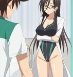  1girl black_hair breasts brown_hair cleavage earrings from_behind front_zipper_swimsuit glasses green_eyes hasegawa_chisato highres jewelry labcoat long_hair meme_attire one-piece_swimsuit screencap shinmai_maou_no_testament swimsuit toujou_basara 