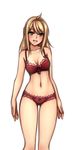  blonde_hair blush bra breasts cowboy_shot fiorun green_eyes lace lace-trimmed_bra lace-trimmed_panties long_hair medium_breasts monorus panties red_bra red_panties solo underwear underwear_only xenoblade_(series) xenoblade_1 