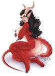  anthro big_breasts black_hair blush breasts butt dragon ear_piercing female hair horn long_hair nipple_piercing nipples nude piercing plain_background pointy_ears pose scalie sitting smutshaman solo 