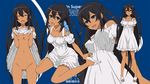  bare_shoulders black_hair blue_eyes blush captain_earth collarbones dark_skin dress dress_lift long_hair mutou_hana no_bra no_panties open_mouth simple_background smile sukima_sangyou tan twintails white_dress 