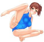 absurdres barefoot brown_hair competition_swimsuit feet highres kaga_(kantai_collection) kantai_collection leg_up one-piece_swimsuit shirouzu_myuuta short_hair side_ponytail soles solo spread_legs swimsuit toes yellow_eyes 