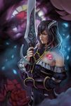  bangs bloodstained:_ritual_of_the_night breasts cleavage flower holding lips long_hair medium_breasts miriam_(bloodstained) petals phamoz rose sidelocks solo stained_glass sword weapon 