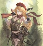  1girl ak-47 ak47_(girls_frontline) assault_rifle bangs belt beret blonde_hair blue_eyes bottle bra breasts cleavage explosive front-tie_bikini front-tie_top fur_hat girls_frontline gloves green_background green_bra grenade gun hat holding holding_gun holding_weapon kesomaru long_hair muscle one_eye_closed open_mouth pouch red_hat red_scarf rifle scarf shorts smile solo underwear ushanka weapon white_gloves 