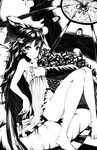  barefoot bow frills greyscale hair_bow indoors long_hair looking_at_viewer monochrome nightgown polpol reiuji_utsuho sitting solo touhou 
