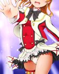  :d black_bow black_neckwear bow bowtie brown_hair cropped_jacket double-breasted dr_rex dress earrings head_out_of_frame jewelry kousaka_honoka long_hair long_sleeves love_live! love_live!_school_idol_project open_mouth orange_hair outstretched_arm panties smile solo sore_wa_bokutachi_no_kiseki thigh_strap underwear white_panties 