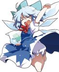  ^_^ akaneya bloomers blue_dress blue_hair bow cirno closed_eyes dress frog frozen frozen_frog hair_bow ice ice_wings jumping open_mouth puffy_short_sleeves puffy_sleeves raised_fist shirt short_sleeves solo teeth touhou underwear upskirt wings 