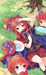  book bow cape disembodied_head fan folding_fan food food_in_mouth fruit grass hair_bow hand_on_head holding holding_book lying makuwauri mouth_hold mundane_utility on_back reading red_eyes red_hair sekibanki short_hair short_sleeves skirt solo touhou tree watermelon 