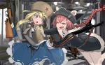  2girls animal_hat bangs blonde_hair blue_eyes blue_skirt blush bow braid brown_gloves capelet clothes_writing eyelashes fang freckles fur_hat girls_frontline gloves gun hair_between_eyes hair_bobbles hair_ornament hairclip hat holding holding_gun holding_weapon indoors jacket kesomaru long_hair long_sleeves low_twintails military military_uniform miniskirt multiple_girls open_mouth pink_eyes pink_hair pps-43 pps-43_(girls_frontline) ppsh-41 ppsh-41_(girls_frontline) red_star sailor_hat short_eyebrows single_braid skirt striped submachine_gun thighhighs twintails uniform ushanka very_long_hair weapon white_gloves white_legwear 