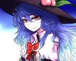  blue_hair colored_eyelashes food fruit gradient gradient_background hat hinanawi_tenshi leaf long_hair looking_at_viewer messy_hair miata_(miata8674) peach puffy_short_sleeves puffy_sleeves red_eyes ribbon short_sleeves sketch smile solo touhou upper_body 