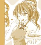  4girls alternate_hairstyle apron ashigara_(kantai_collection) blush cst_(cocost) curry food haguro_(kantai_collection) hair_ornament heart kantai_collection long_hair monochrome multiple_girls myoukou_(kantai_collection) nachi_(kantai_collection) one_eye_closed open_mouth ponytail short_hair smile 