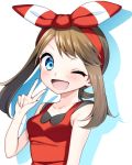  1girl ;d blue_eyes bow breasts brown_hair collarbone creatures_(company) game_freak hair_bow hairband haruka_(pokemon) long_hair looking_at_viewer nintendo one_eye_closed open_mouth pokemon pokemon_(game) pokemon_oras red_bow red_hairband red_shirt shadow shirt simple_background sleeveless sleeveless_shirt small_breasts smile solo striped striped_bow twintails upper_body w white_background yuihiko 