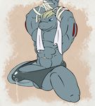 2015 abs abstract_background anthro balls bandage bdsm biceps big_muscles blue_eyes bondage bound clothed clothing hi_res light_bondage looking_at_viewer machoke male muscles nintendo pecs penis pok&eacute;mon precum solo theunderdog video_games 