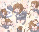  &gt;_&lt; 1girl admiral_(kantai_collection) black_serafuku blush_stickers brown_eyes brown_hair closed_eyes commentary crescent fang fumizuki_(kantai_collection) hand_on_another's_head hand_on_head jack_(slaintheva) kantai_collection lap_pillow long_hair long_sleeves neckerchief open_mouth petting school_uniform serafuku skirt translated white_neckwear 