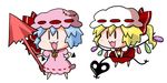  :3 :d bat_wings blonde_hair blue_hair bow brooch chibi commentary detached_wings dress fang flandre_scarlet hat hat_bow jewelry laevatein mob_cap multiple_girls noai_nioshi open_mouth patch pink_dress pink_hat puffy_short_sleeves puffy_sleeves red_bow red_dress remilia_scarlet short_hair short_sleeves simple_background smile spear_the_gungnir touhou white_background white_hat wings |_| 