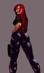  aka6 ass borrowed_character breasts brown_eyes cowboy_shot hair_over_one_eye hand_on_hip highres holster lipstick long_hair looking_back makeup nose original pants red_hair shirt skin_tight solo t-shirt thigh_holster 