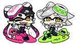  2girls ;d aori_(splatoon) black_hair chan_co chibi crossed_legs detached_collar domino_mask dress fangs food food_on_head gloves green_legwear grin hotaru_(splatoon) long_hair mask mole mole_under_eye multiple_girls object_on_head one_eye_closed open_mouth pantyhose purple_legwear short_dress short_hair short_jumpsuit silver_hair smile splatoon_(series) splatoon_1 squid strapless strapless_dress sushi tentacle_hair unitard white_gloves yellow_eyes 