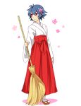  bangs blue_hair blush broom crossdressing flower full_body hair_flower hair_ornament hakama hatoful_kareshi japanese_clothes kawara_ryouta male_focus personification phantommarbles red_eyes red_hakama smile solo transparent_background 