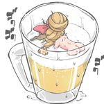  afloat alcohol alternate_hairstyle ass back beer beer_mug blonde_hair commentary drinking hair_bun hair_ornament hair_up ibuki_suika in_container kureha_mitsushige minigirl nude oni_horns pun solo swimming touhou 