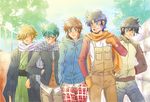  bad_id bad_pixiv_id blonde_hair blue_eyes brown_hair closed_eyes date_seiji glasses green_hair hair_over_one_eye hands_in_pockets hashiba_touma hiro_(minorstar) hood hoodie jacket japanese_clothes kimono looking_at_viewer male_focus mittens mouri_shin multiple_boys open_mouth overalls sanada_ryou scarf shue_rei_fuan sidelocks smile teeth tree yoroiden_samurai_troopers yukata 