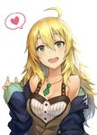  :d ahoge bare_shoulders blonde_hair blush breasts casual cleavage green_eyes heart hoshii_miki idolmaster idolmaster_(classic) jewelry long_hair medium_breasts necklace odibil open_mouth sleeves_past_wrists smile solo spoken_heart upper_body white_background 
