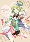  &gt;_&lt; :d animal apring bad_id bad_pixiv_id banned_artist beamed_eighth_notes bow bowtie cape closed_eyes crown dated eighth_note flower gem gloves green_eyes green_hair green_shirt gumi heart jewelry looking_at_viewer musical_note open_mouth puffy_short_sleeves puffy_sleeves quarter_note ribbon ruby_(stone) shirt short_sleeves shorts smile solo thighhighs vocaloid white_gloves white_legwear 