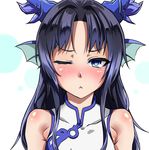  :&lt; bare_shoulders black_hair blue_eyes blush chinese_clothes close-up head_fins highres horns incoming_kiss karin_(p&amp;d) long_hair looking_at_viewer one_eye_closed puzzle_&amp;_dragons solo tat_(t-55-t) 