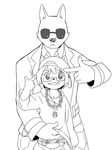  2015 :&lt; age_difference baseball_cap canine cat clothing cool dress_shirt duo eyewear feline glasses grin hat hoodie jewelry kemono looking_at_viewer male mammal manmosu_marimo monochrome shirt shota size_difference standing sunglasses wolf young 