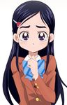  blazer blue_bow blue_eyes blue_hair blush bow brown_jacket futari_wa_precure hair_ornament hairclip heart heart_hair_ornament jacket long_hair looking_at_viewer manji_(tenketsu) precure school_uniform simple_background solo verone_gakuin_school_uniform white_background yukishiro_honoka 