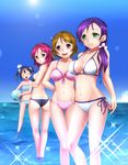  ass ball beachball bikini black_hair breast_envy breasts brown_hair green_eyes highres koizumi_hanayo long_hair love_live! love_live!_school_idol_project medium_breasts multiple_girls nishikino_maki purple_eyes purple_hair red_hair rumil short_hair swimsuit toujou_nozomi water yazawa_nico 