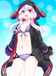  :d animal_hood bikini blush collarbone commentary_request cowboy_shot e.o. flat_chest highres hood hooded_jacket jacket looking_at_viewer navel open_clothes open_jacket open_mouth purple_eyes purple_hair smile solo swimsuit vocaloid voiceroid yuzuki_yukari 