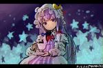  capelet coat crescent cup dated dress hat letterboxed long_sleeves looking_at_viewer mob_cap open_clothes open_coat patchouli_knowledge purple_dress purple_eyes purple_hair pyonsuke_(pyon2_mfg) solo star striped striped_dress teacup touhou 